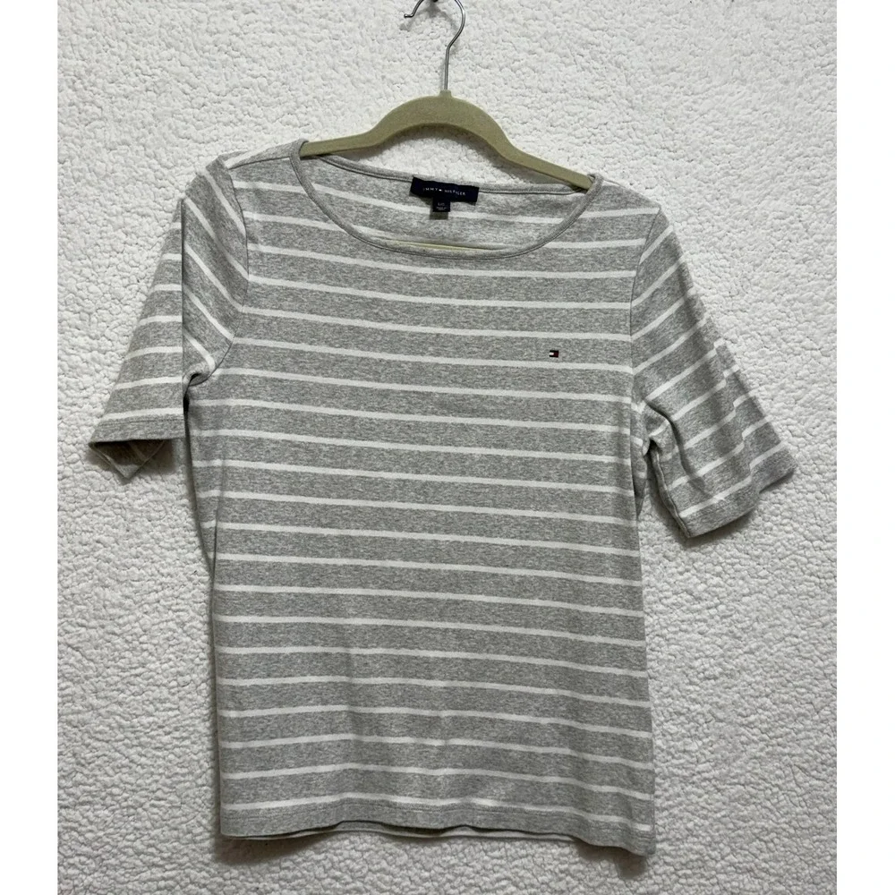 Tommy Hilfiger Women Gray White Striped Crew Neck Short Sleeve‎ T Shirt Top L